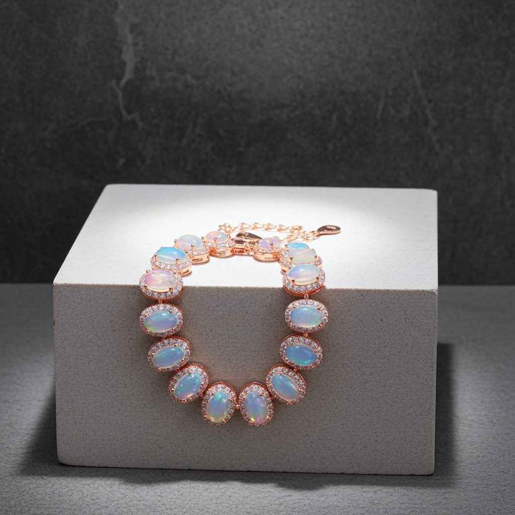 Natural Fire Opal Tennis Bracelet 4x6mm 14k Gold Plated Sterling Silver