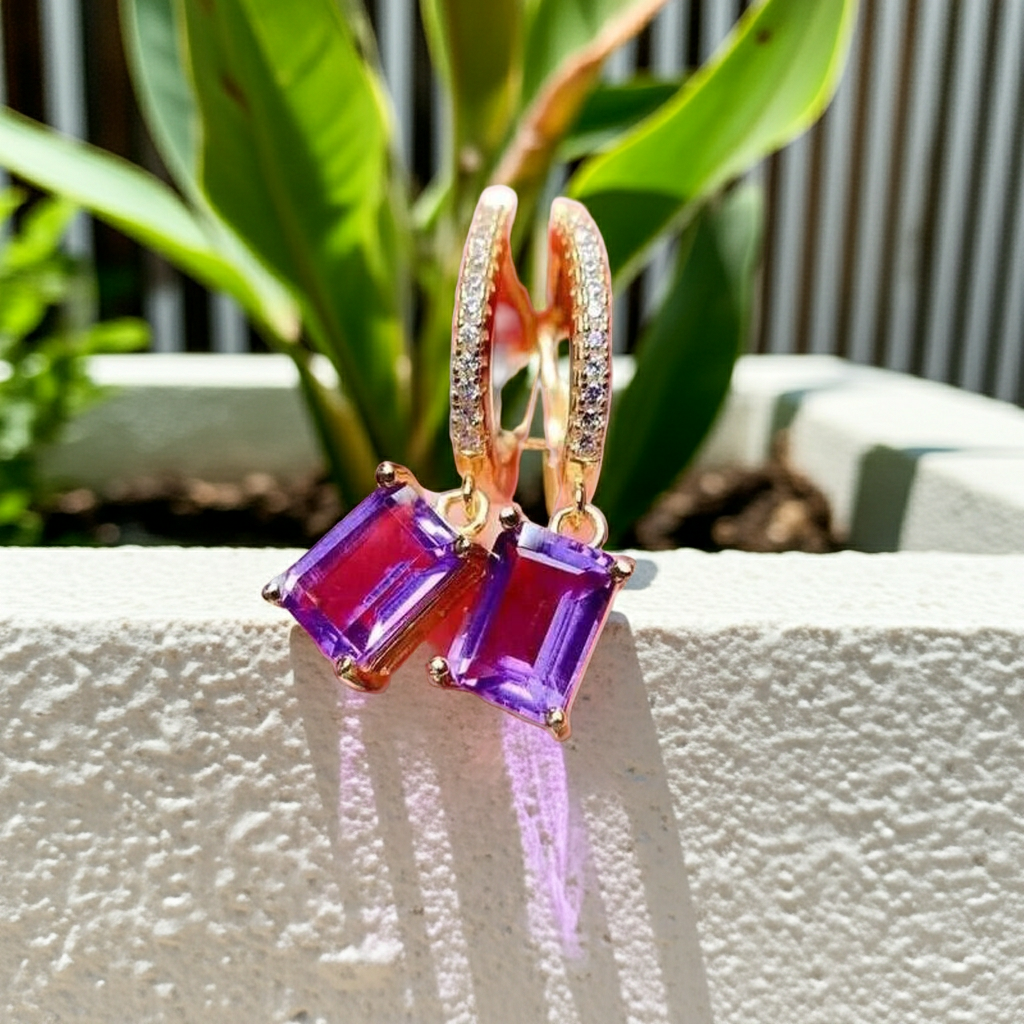 1CT Natural Emerald Cut Amethyst Gemstone Earrings