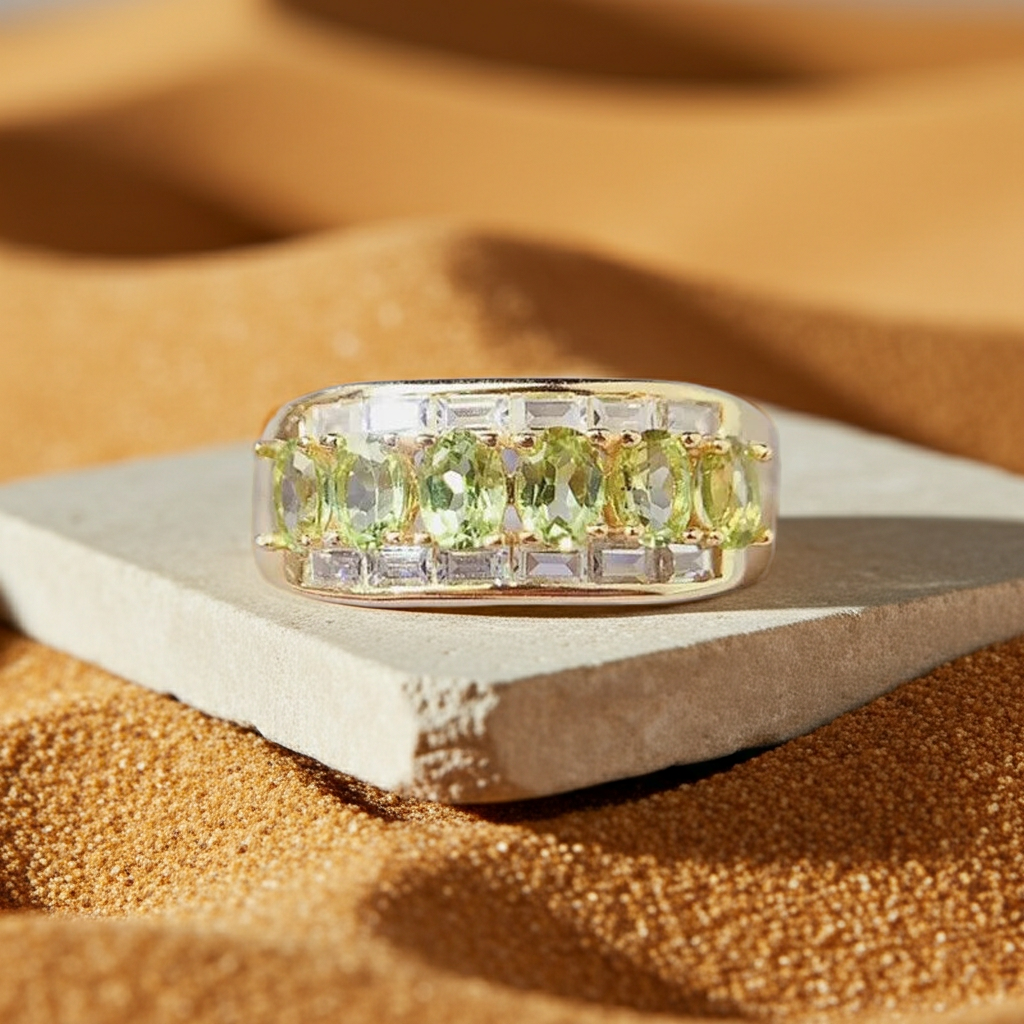 Natural Peridot Gemstone Band Ring 3x4mm, August Birthstone Peridot Ring