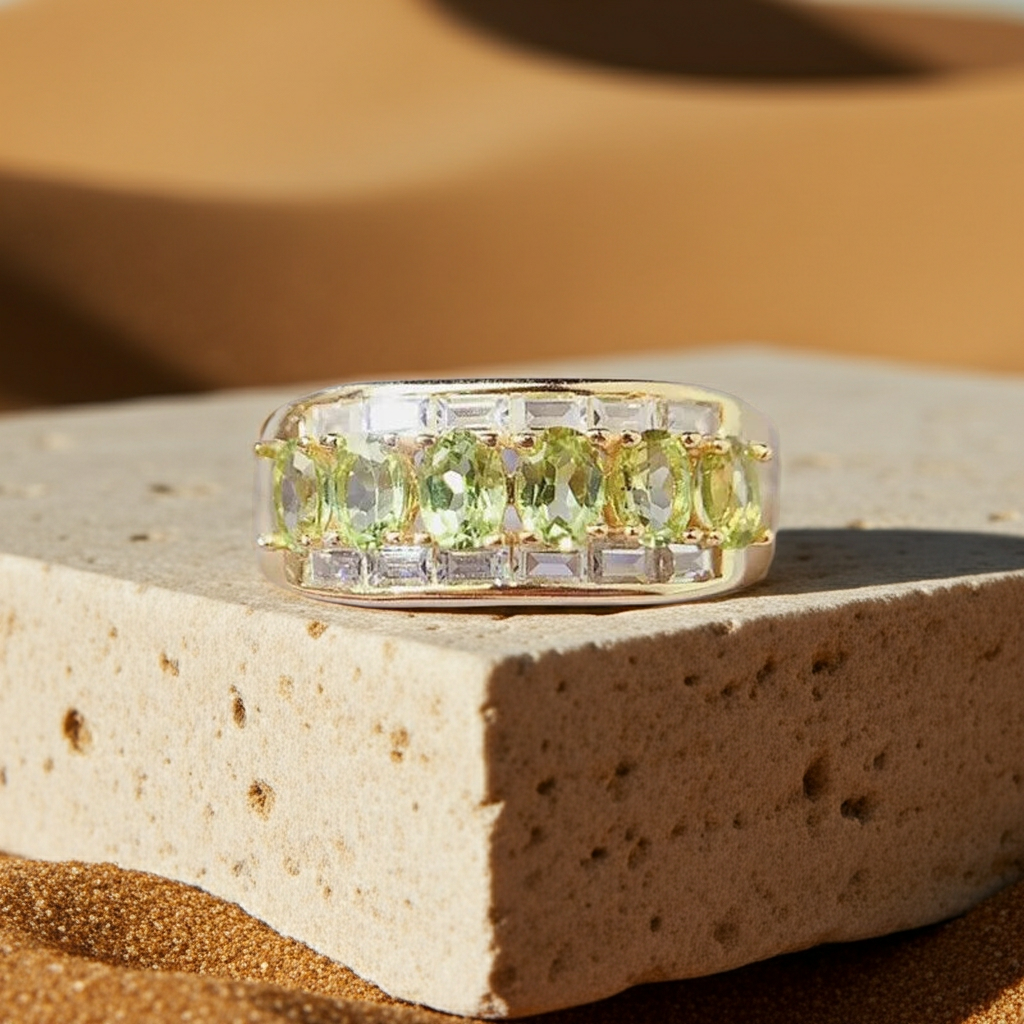 Natural Peridot Gemstone Band Ring 3x4mm, August Birthstone Peridot Ring