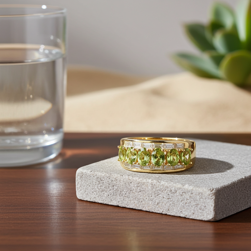 Natural Peridot Gemstone Band Ring 3x4mm, August Birthstone Peridot Ring