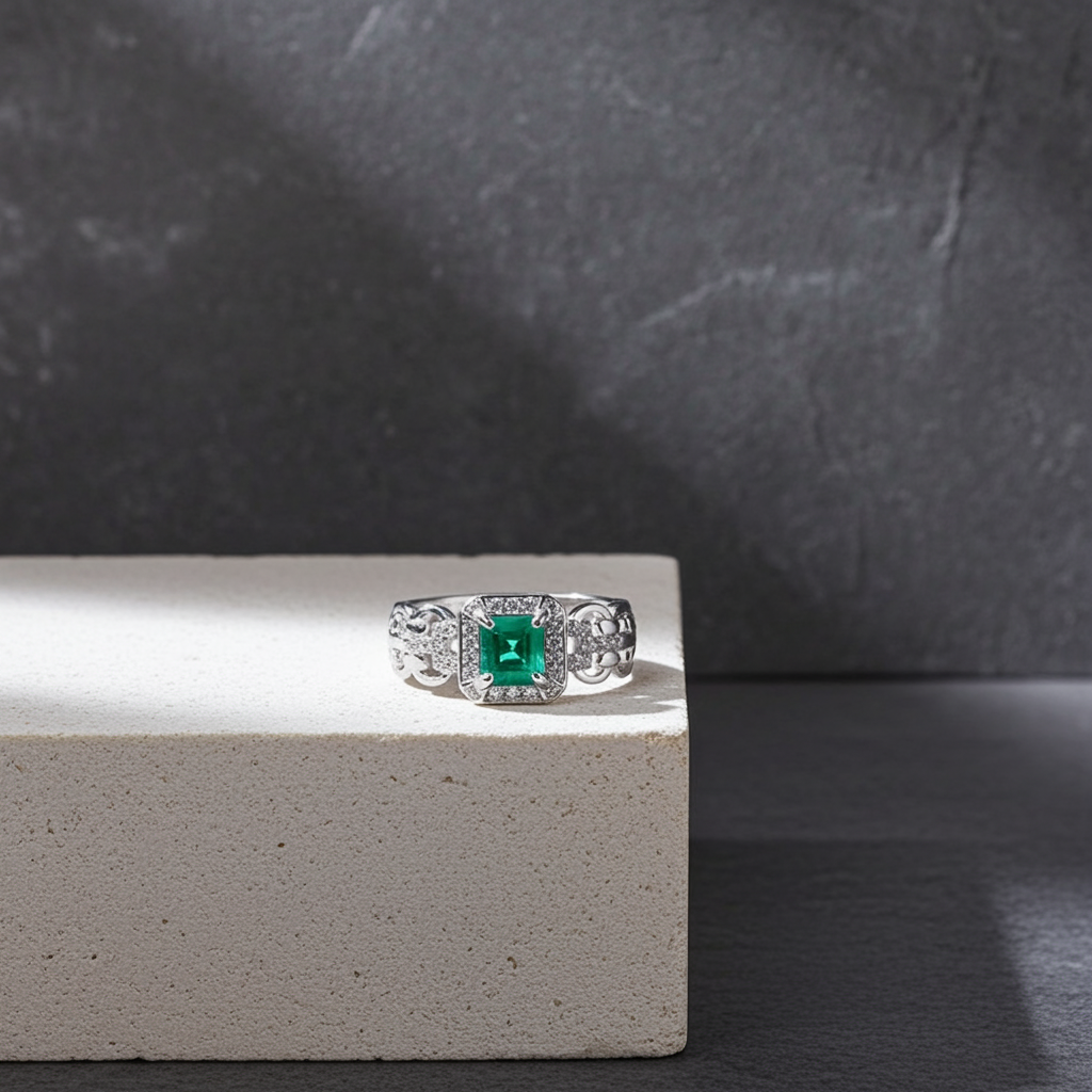 Natural Colombian Emerald Gemstone Ring 7mm Platinum Plated 925 Silver