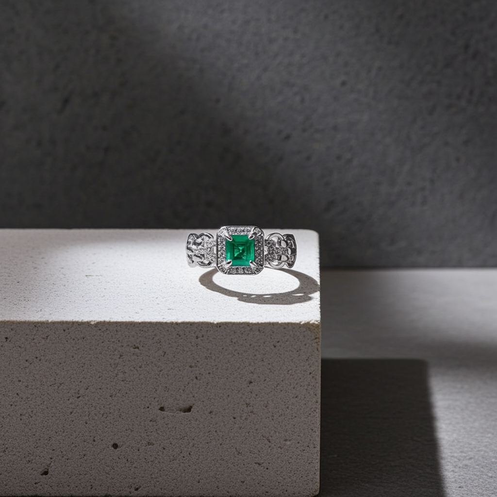 Natural Colombian Emerald Gemstone Ring 7mm Platinum Plated 925 Silver