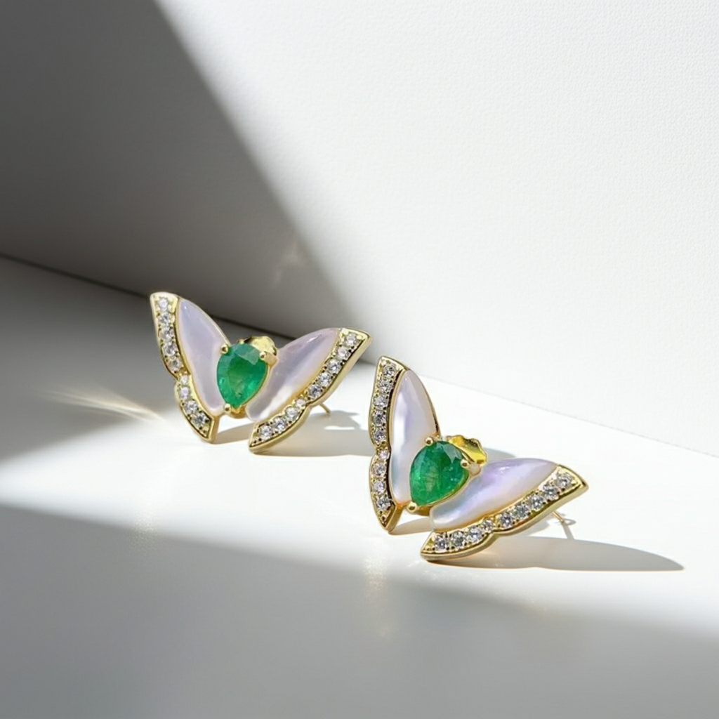 Colombian Emerald Butterfly Stud Earrings 14k Gold Plated
