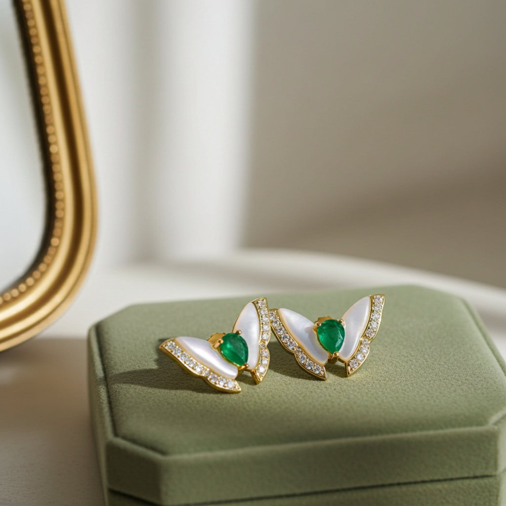 Colombian Emerald Butterfly Stud Earrings 14k Gold Plated