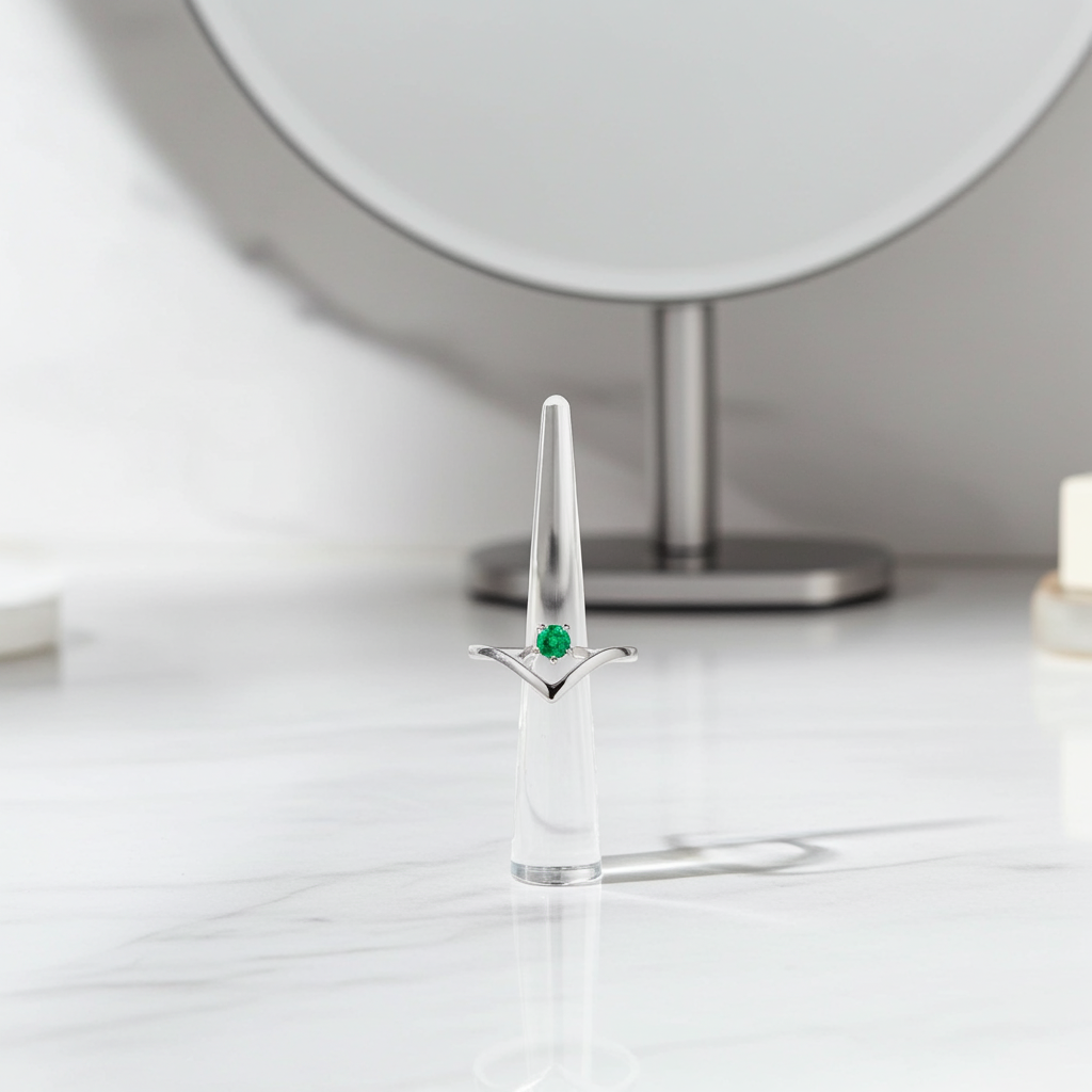 Dainty Natural Emerald Ring Platinum Plated Silver 3mm