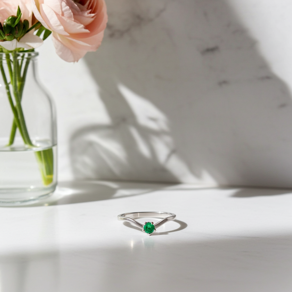 Dainty Natural Emerald Ring Platinum Plated Silver 3mm
