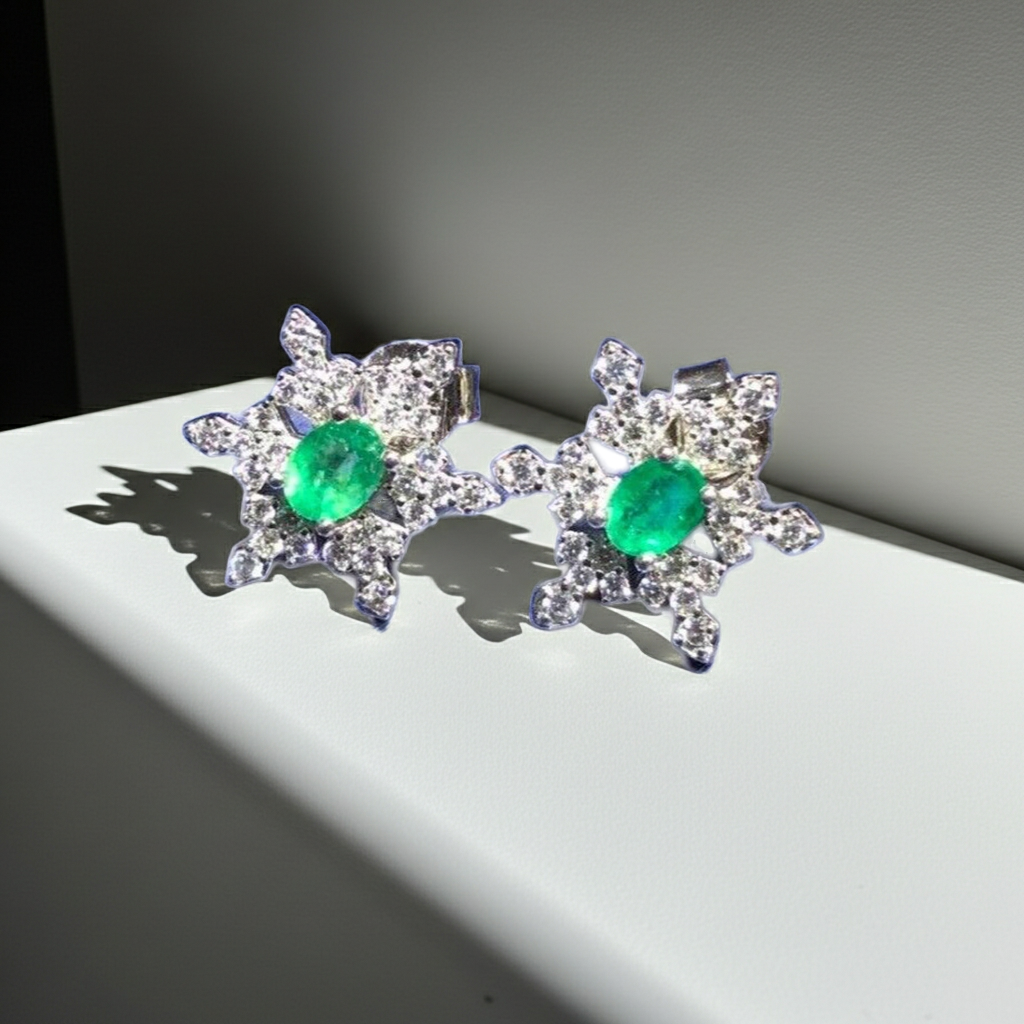 Zambian Emerald Snowflake Earirngs 3x4mm Platinum Plated