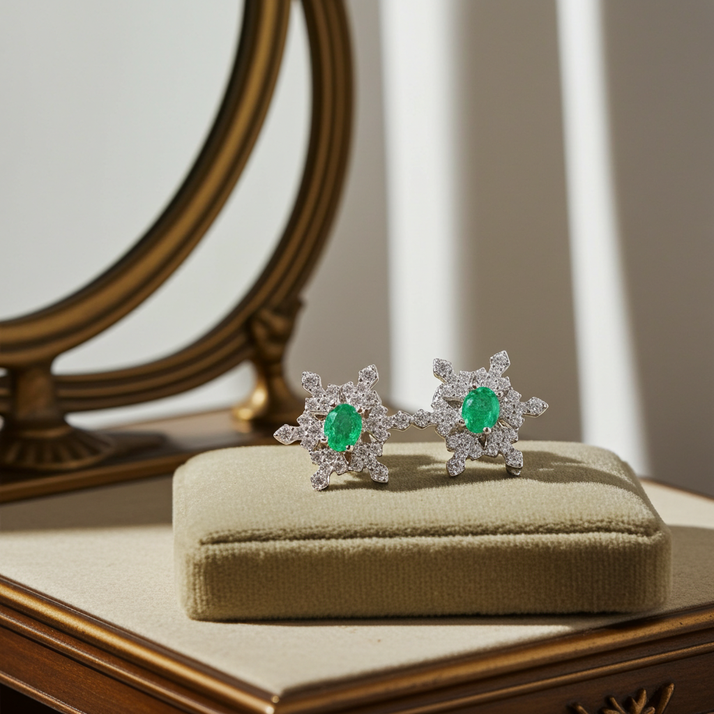 Zambian Emerald Snowflake Earirngs 3x4mm Platinum Plated