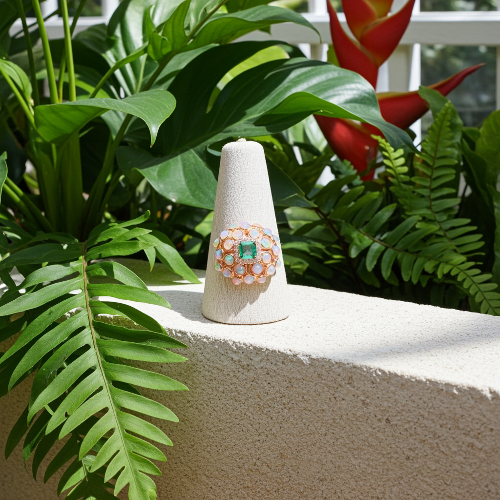 Fire Opal and Colombian Emerald Gemstone Statement Ring