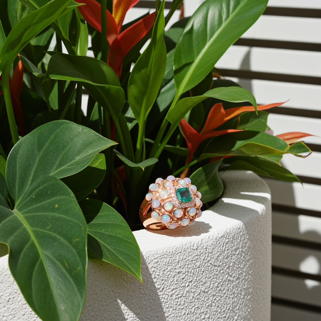 Fire Opal and Colombian Emerald Gemstone Statement Ring