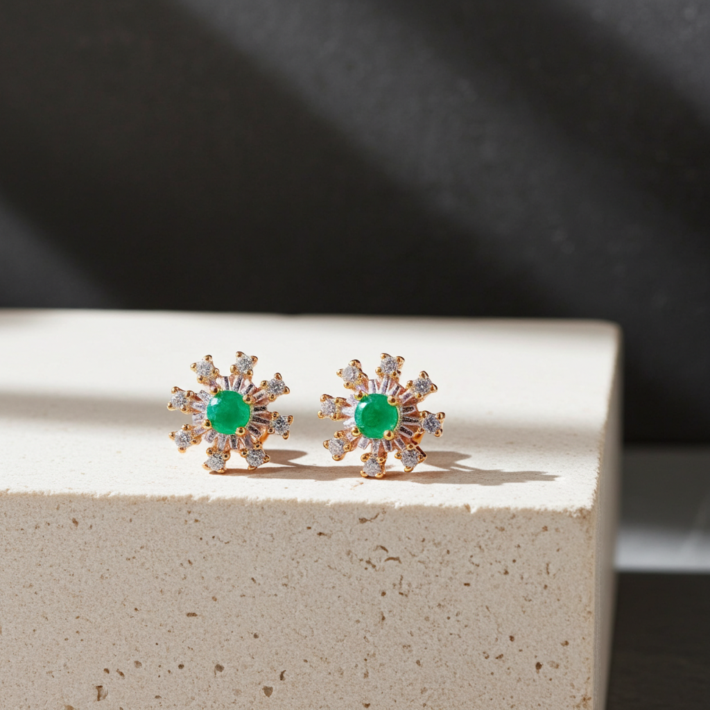 Dainty Emerald Flower Stud Earrings 14k Gold Plated