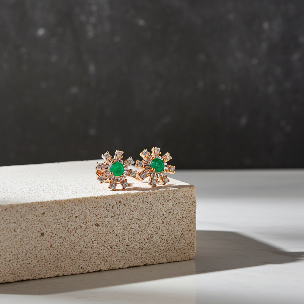 Dainty Emerald Flower Stud Earrings 14k Gold Plated