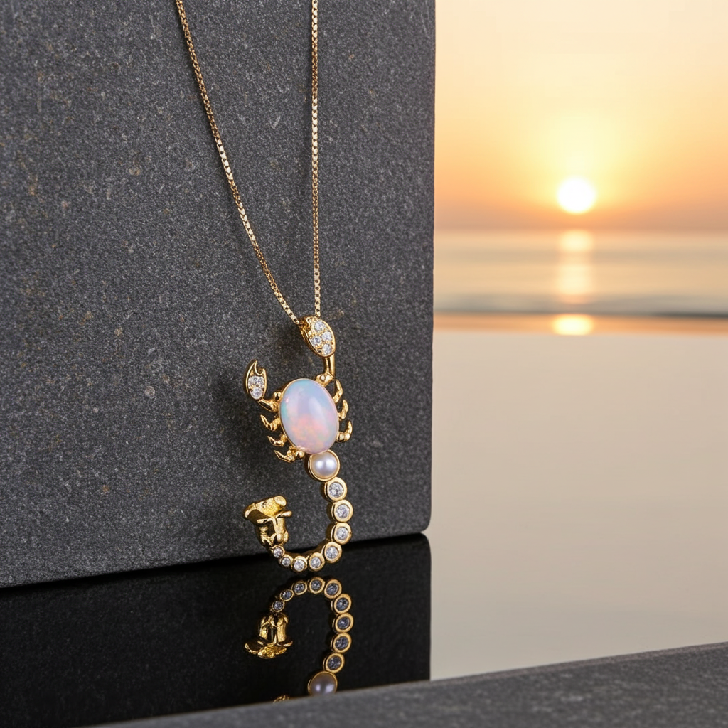 Natural White Fire Opal Scorpion Necklace 925 Sterling Silver