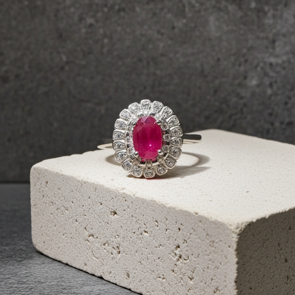 Natural Pink Ruby Ring 4x6mm, Burma Ruby Cluster Ring