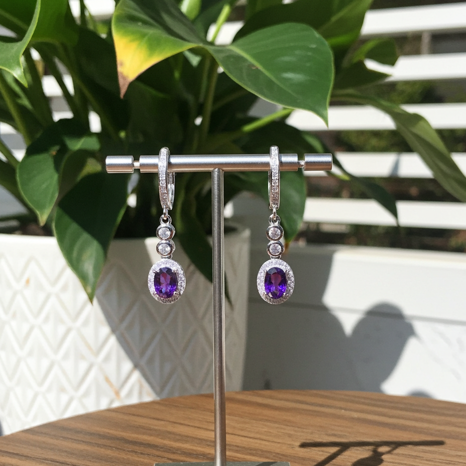 Purple Amethyst Long Dangle Earrings 5x7mm 925 Sterling Silver