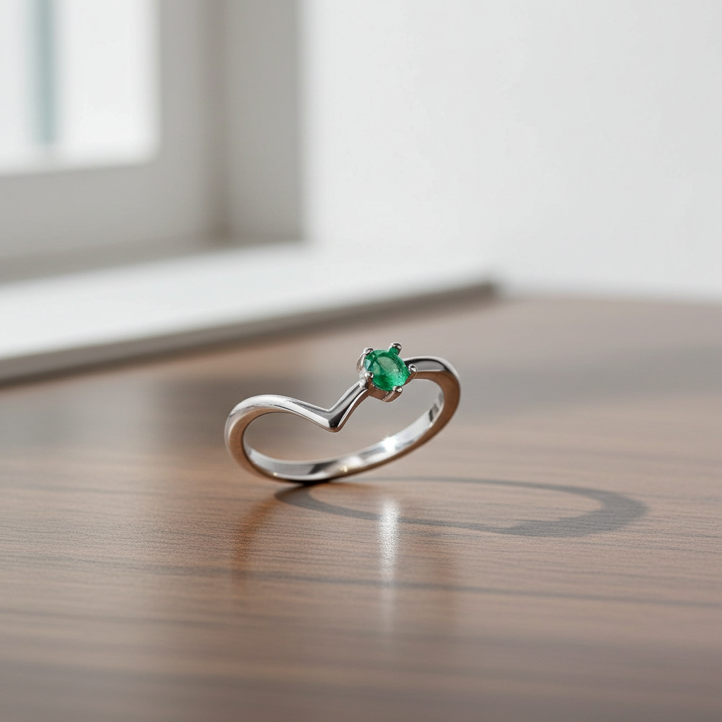 Dainty Natural Emerald Ring Platinum Plated Silver 3mm