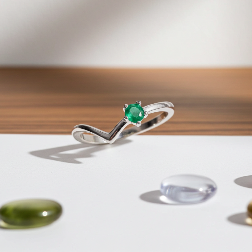 Dainty Natural Emerald Ring Platinum Plated Silver 3mm
