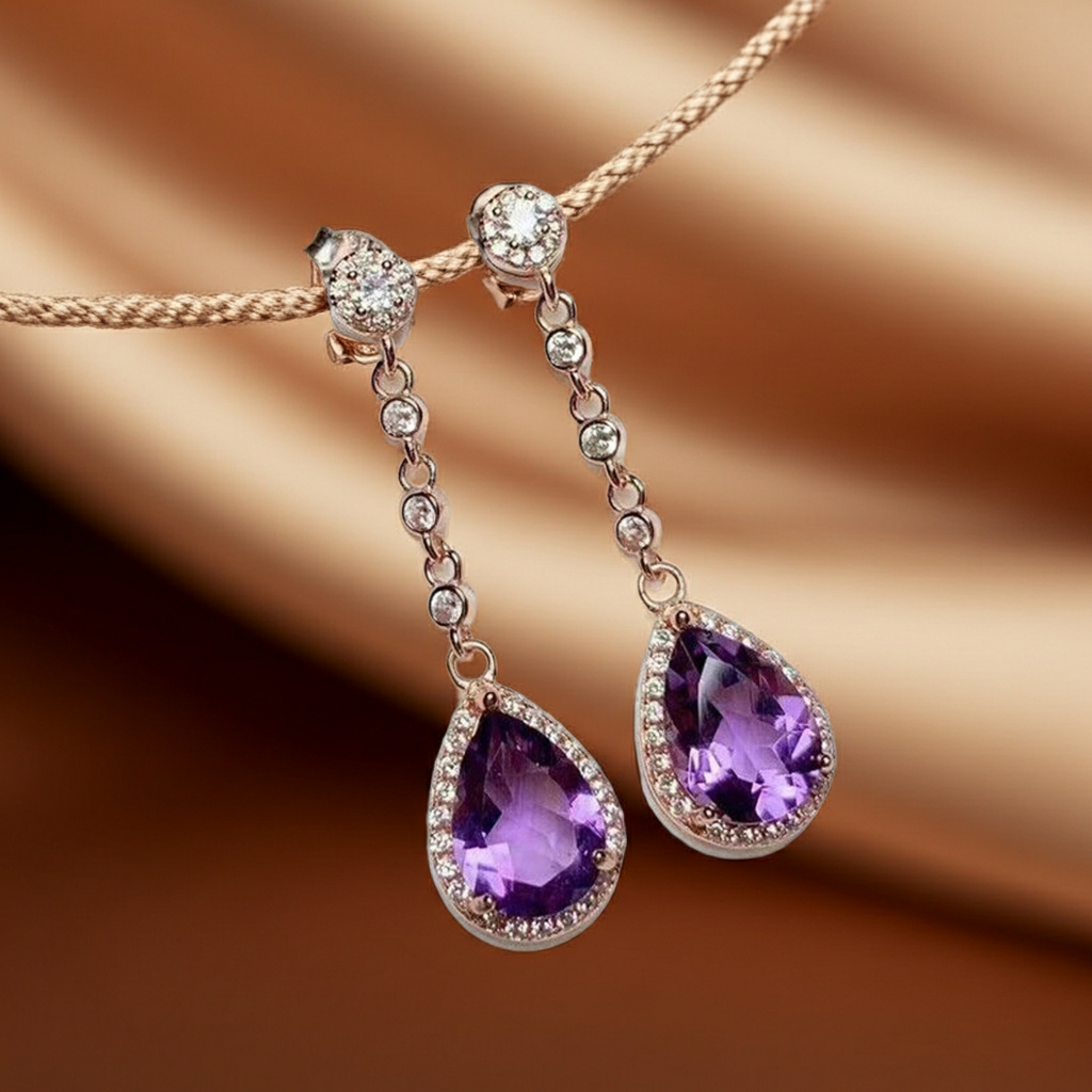 4CT Pear Cut Amethyst Drop Dangle Earrings