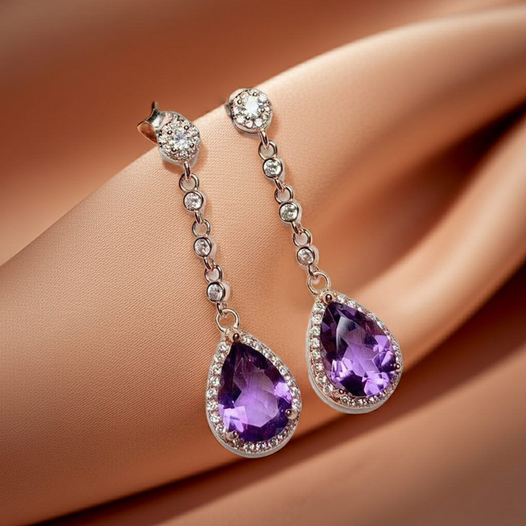 4CT Pear Cut Amethyst Drop Dangle Earrings