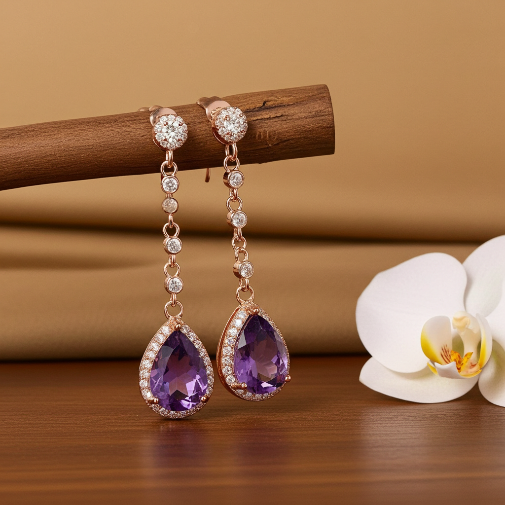 4CT Pear Cut Amethyst Drop Dangle Earrings