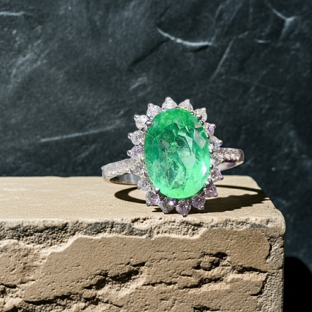 Colombian Emerald Cocktail Ring 5x7mm Sterling Silver
