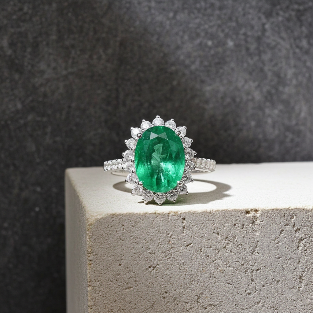 Colombian Emerald Cocktail Ring 5x7mm Sterling Silver