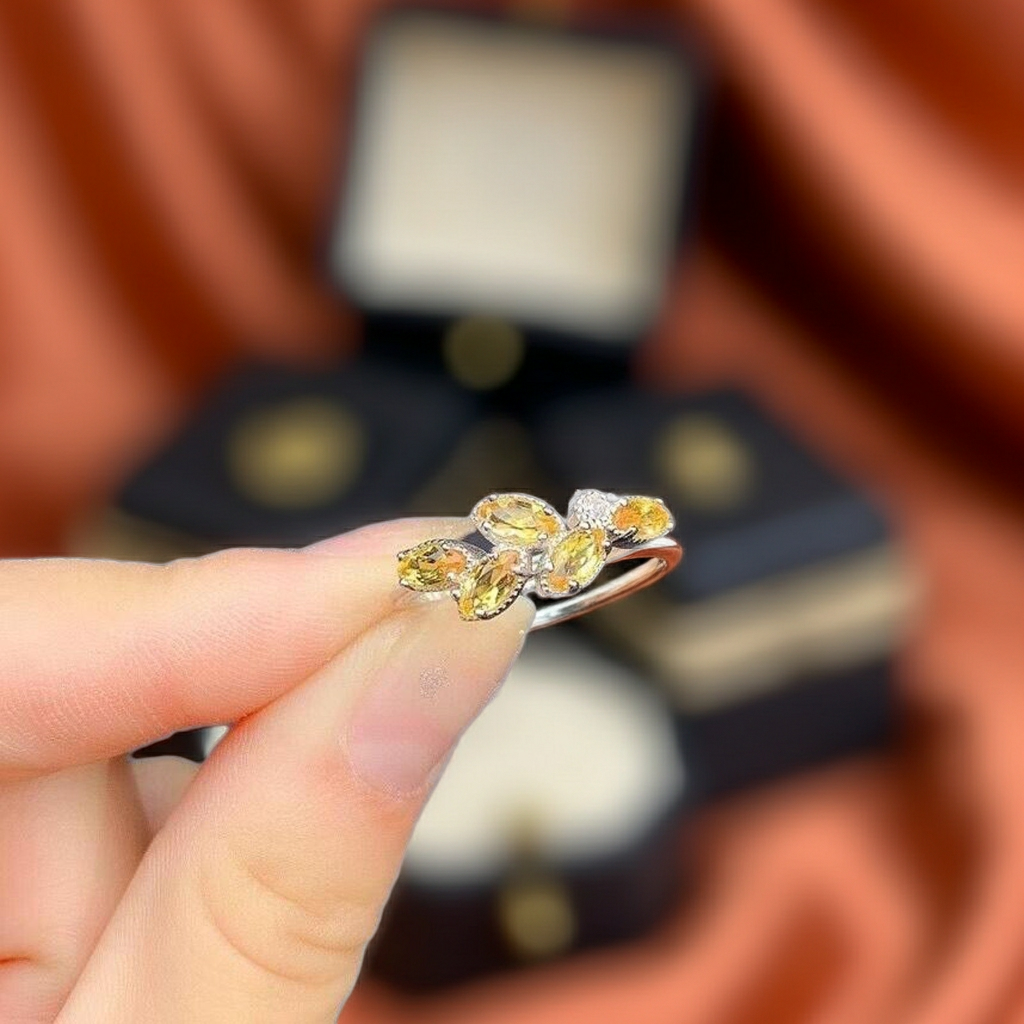 Citrine Marquise Cut Gemstone Ring Platinum Plated Silver