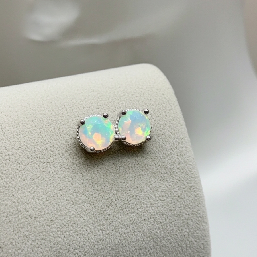 Faceted White Opal Stud Earrings 5mm 925 Sterling Silver