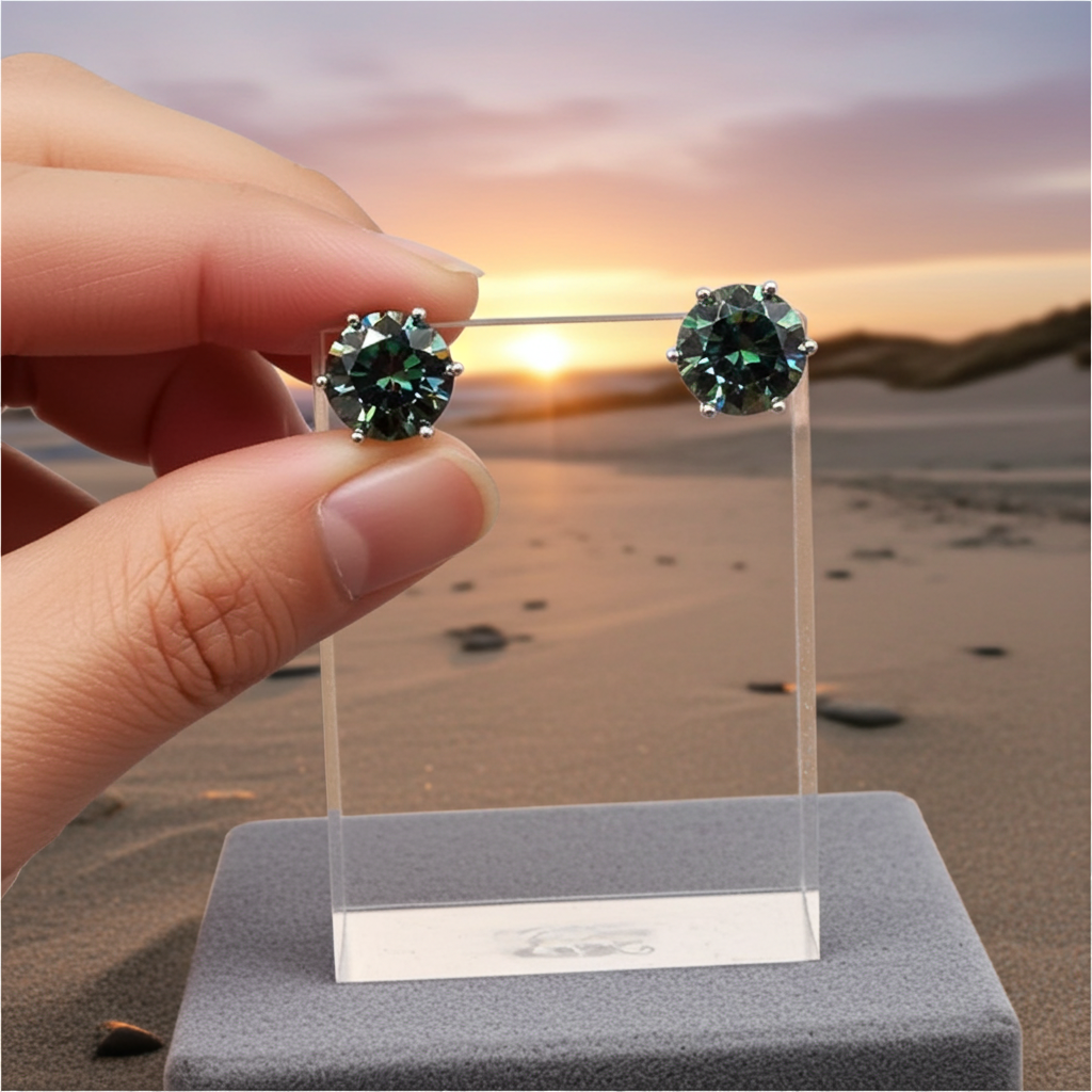 3CT Green Moissanite Earrings, VVS1 Round Brilliant Cut Moissanite Stud Earrings