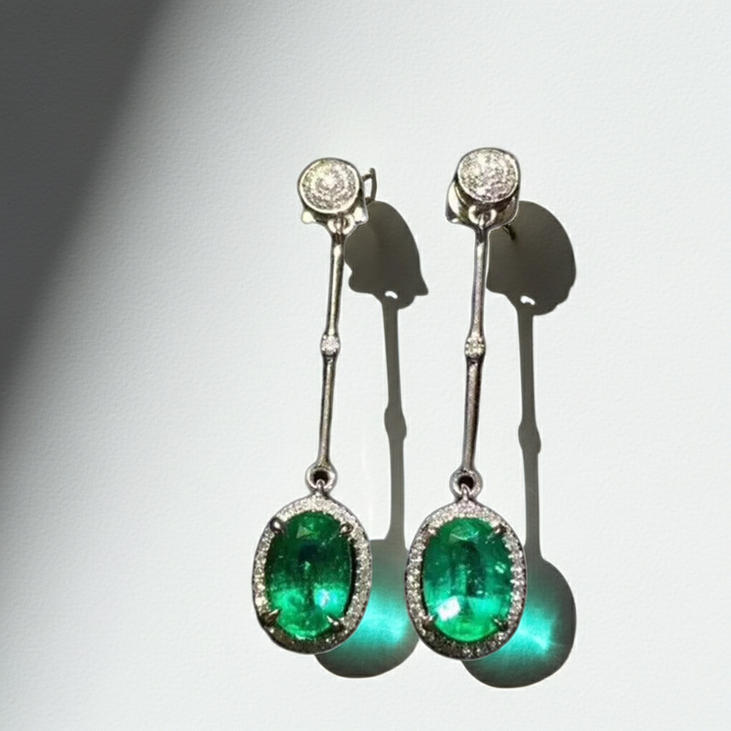Emerald Drop Dangle Earrings 4x6mm 925 Sterling Silver with Platinum