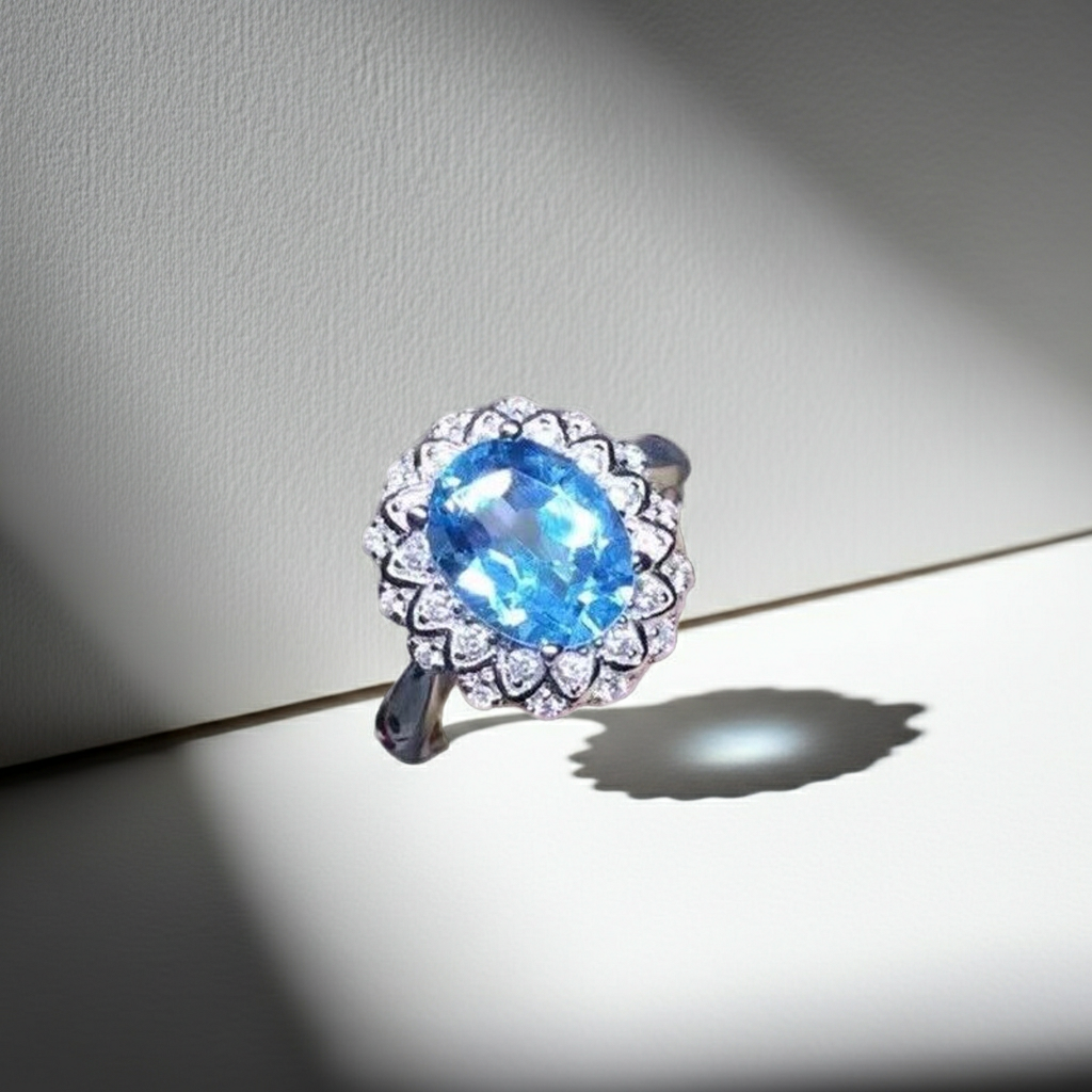 Blue Topaz Gemstone Ring Oval Cut 7x9mm