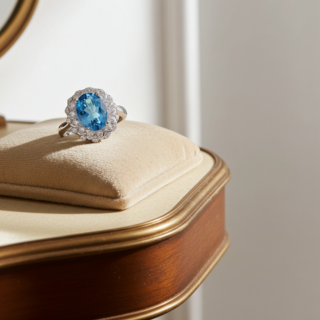 Blue Topaz Gemstone Ring Oval Cut 7x9mm