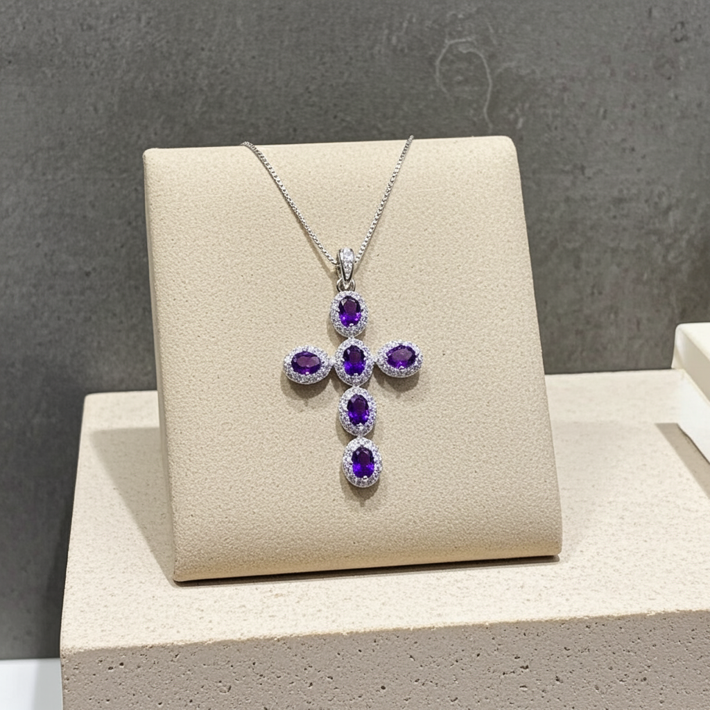 Purple Amethyst Cross Necklace 925 Sterling Silver