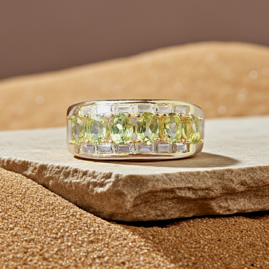 Natural Peridot Gemstone Band Ring 3x4mm, August Birthstone Peridot Ring