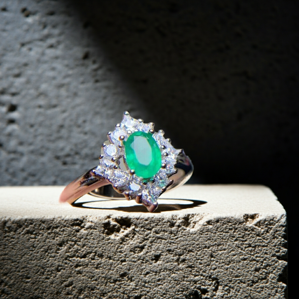 Natural Emerald Ring, Women's Emerald Cluster Ring 4x6mm Sterling Silver