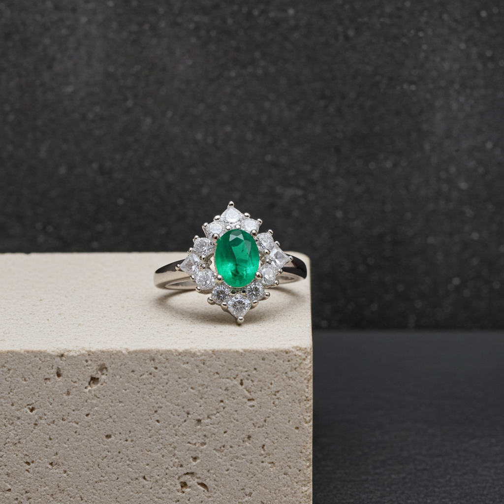 Natural Emerald Ring, Women's Emerald Cluster Ring 4x6mm Sterling Silver