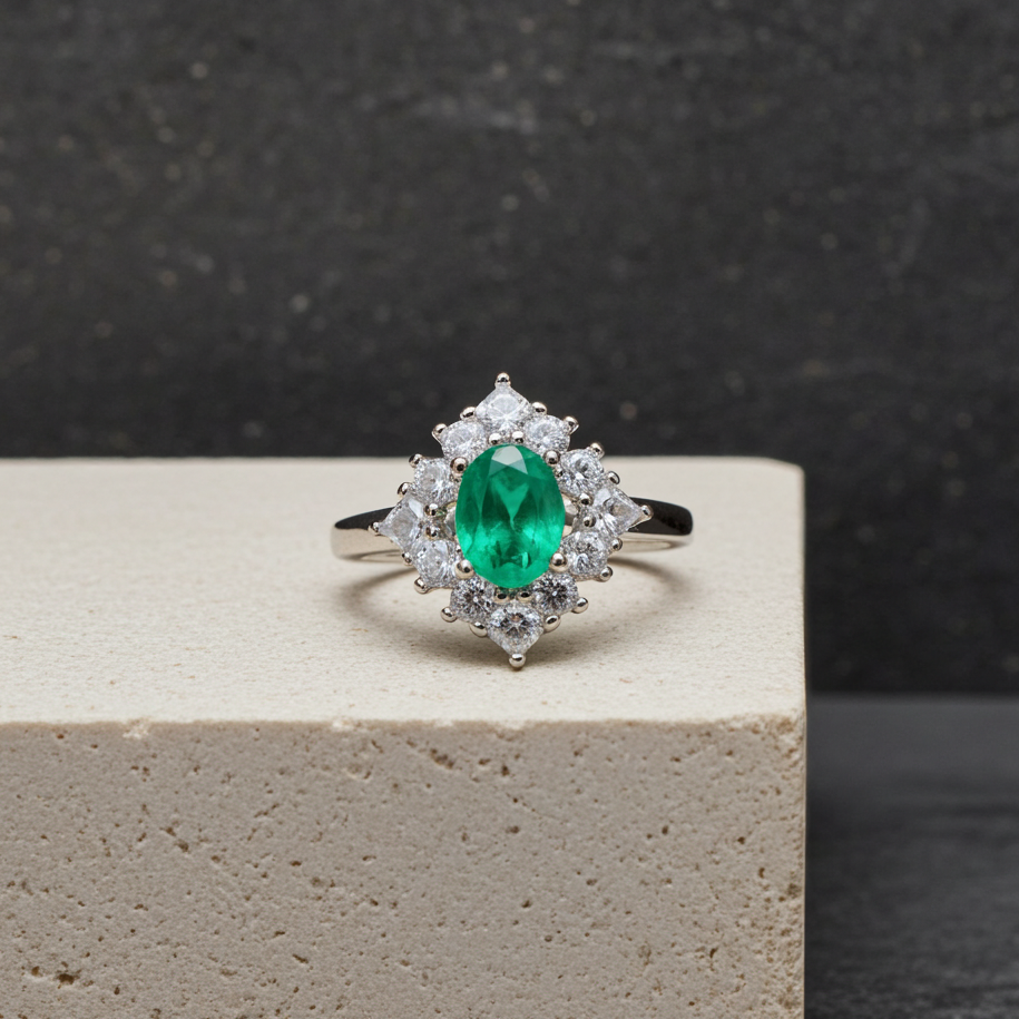 Natural Emerald Ring, Women's Emerald Cluster Ring 4x6mm Sterling Silver