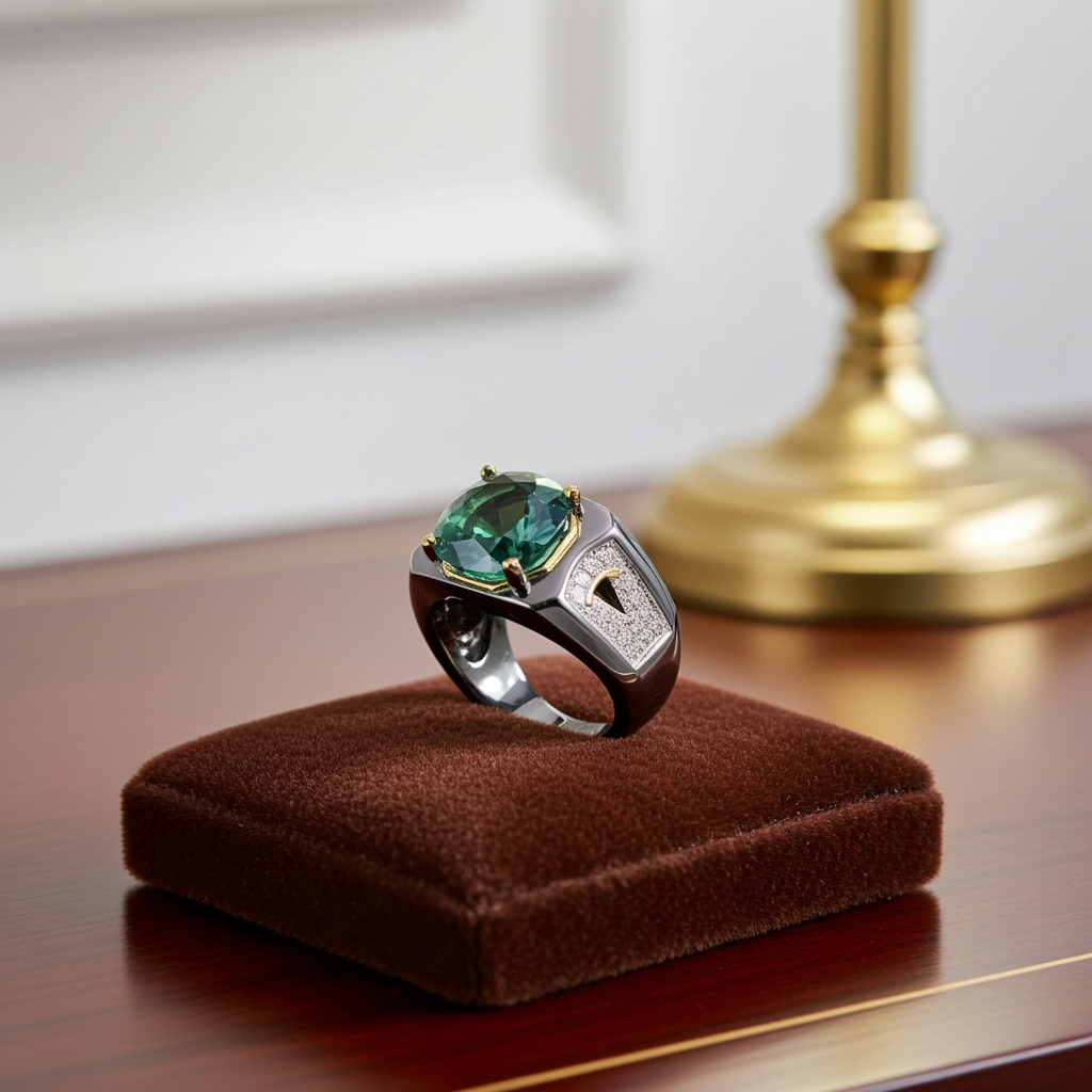 2CT VVS1 Men's Green Moissanite Ring Round Brilliant Cut