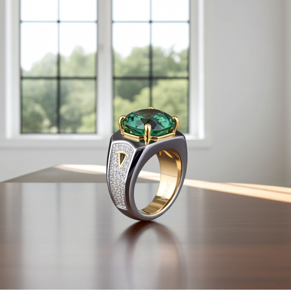 2CT VVS1 Men's Green Moissanite Ring Round Brilliant Cut