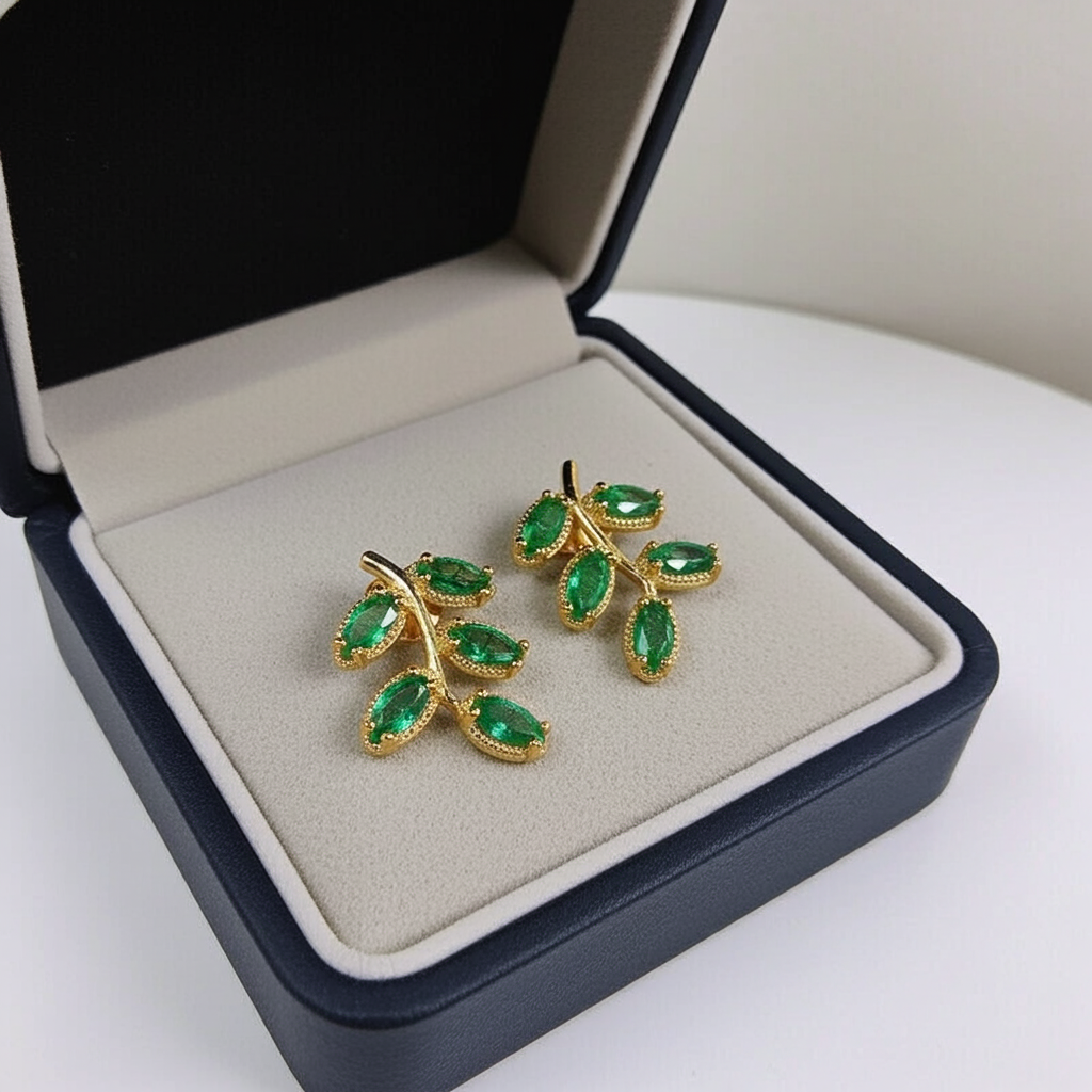 Natural Zambian Emerald Leaf Stud Earrings 14k Gold Plated