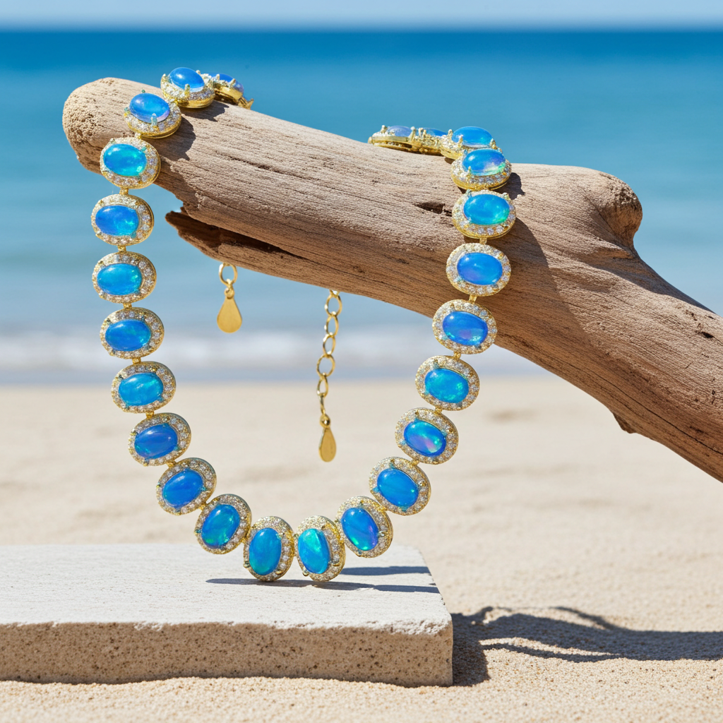 Blue Fire Opal Tennis Bracelet 4x6mm Sterling Silver, Blue Opal Bracelet