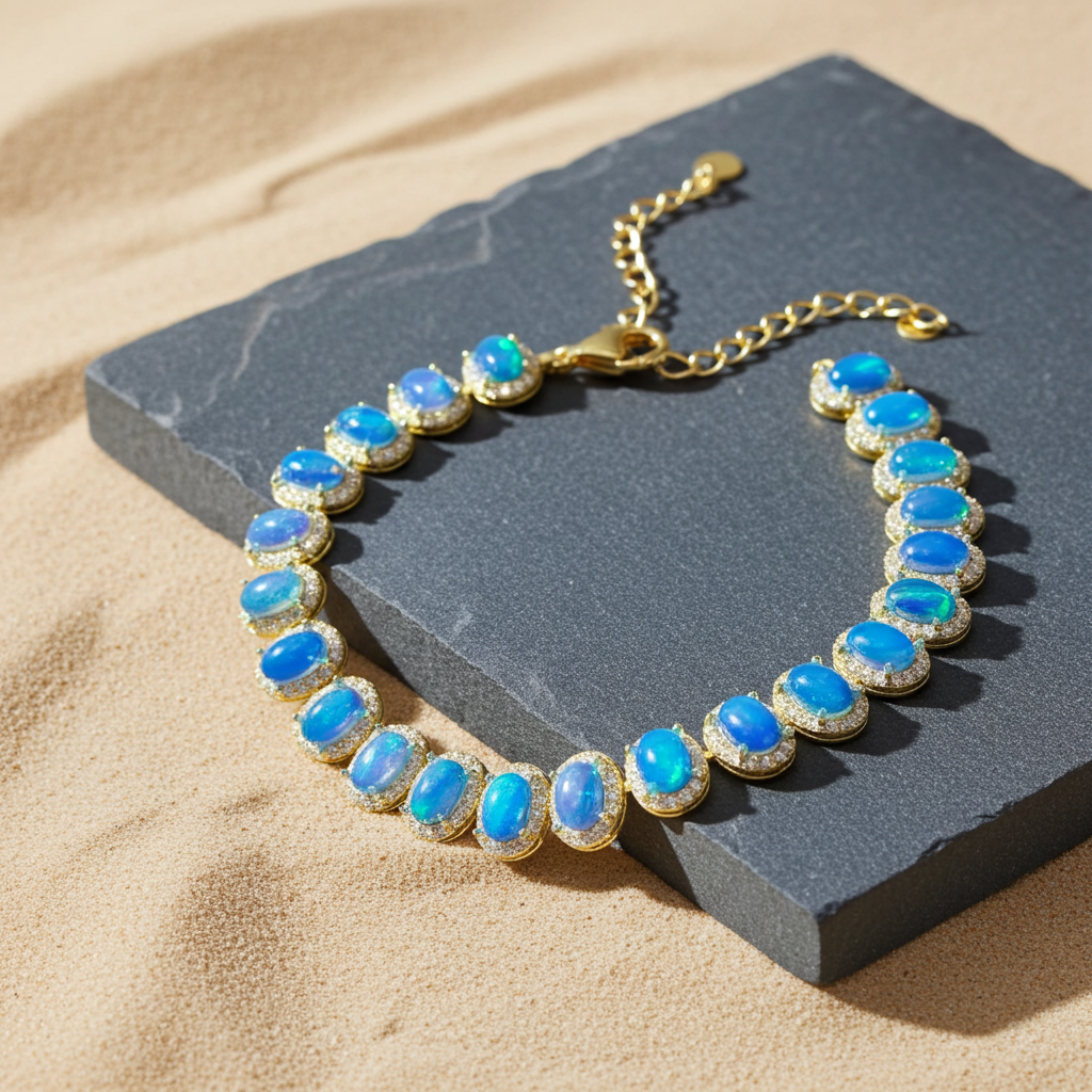 Blue Fire Opal Tennis Bracelet 4x6mm Sterling Silver, Blue Opal Bracelet