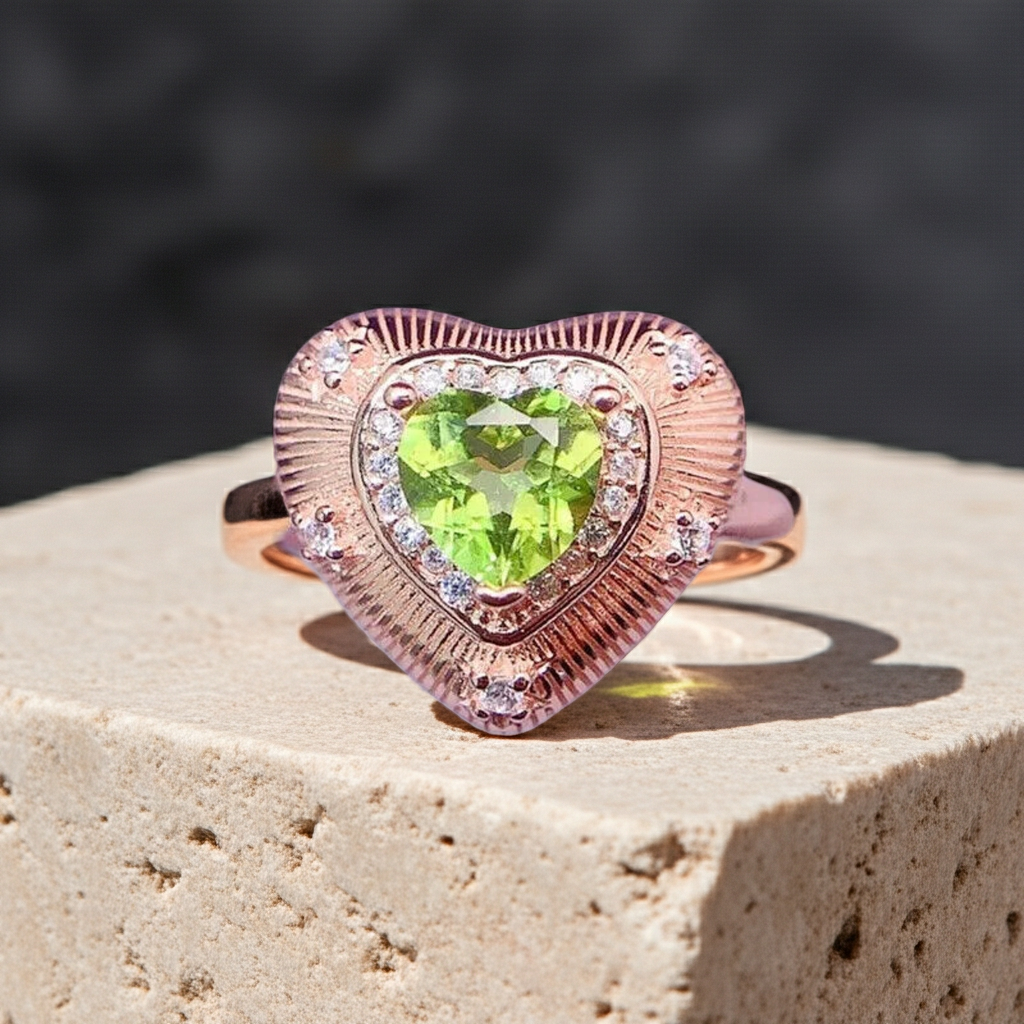 Natural Peridot Gemstone Heart Statement Ring 6mm, August Birthstone Peridot