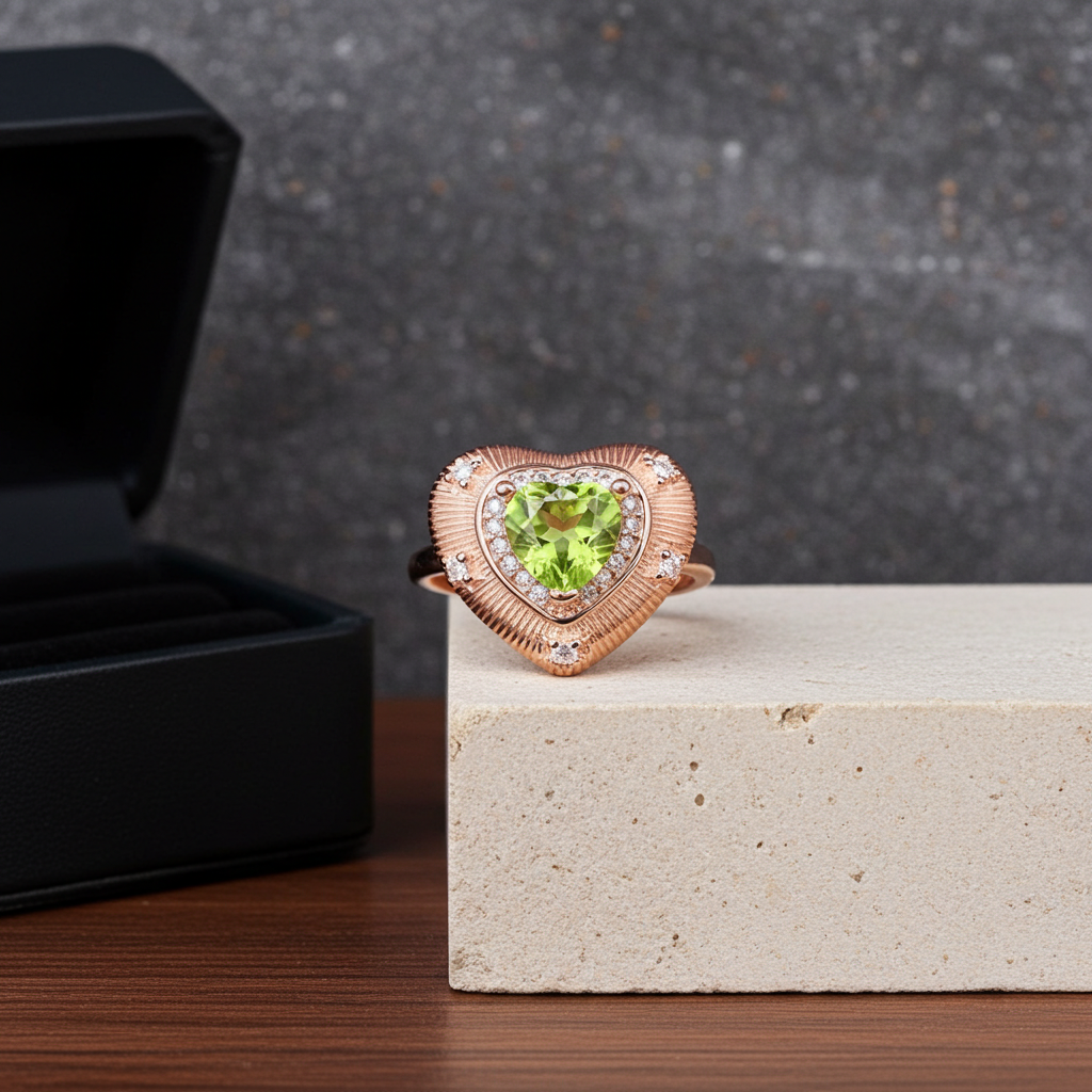 Natural Peridot Gemstone Heart Statement Ring 6mm, August Birthstone Peridot