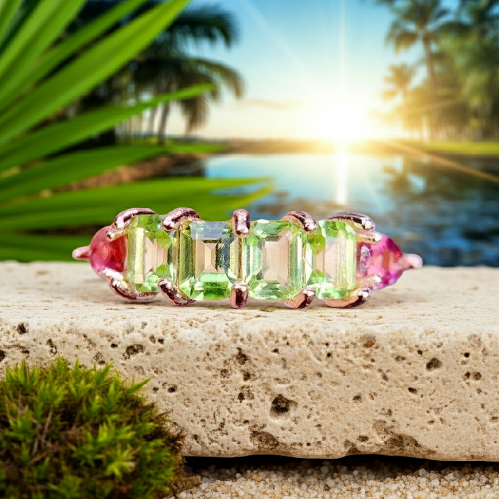 Natural peridot and tourmaline emerald cut gemstone ring in 925 sterling silver with platinum yellow gold and rose gold plating options by PHIMSERA