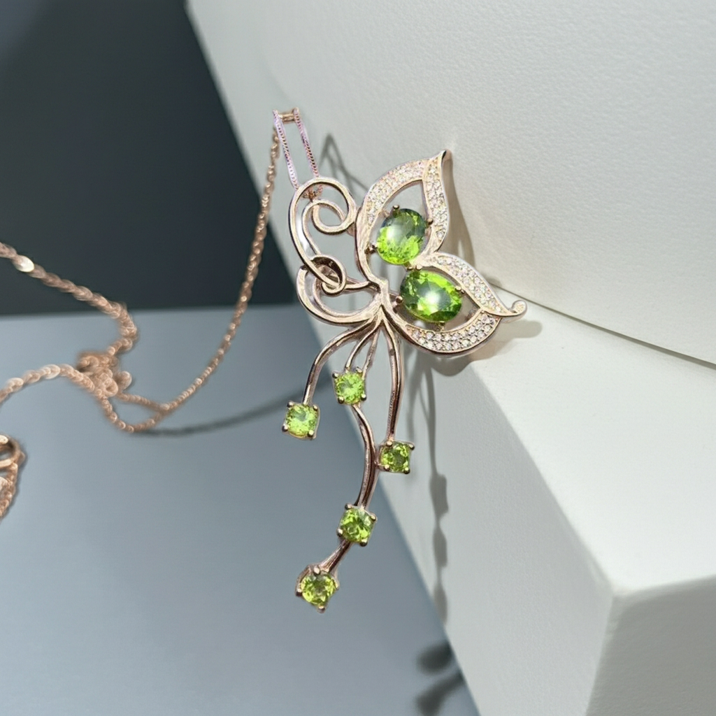 Natural Peridot Butterfly Brooch Pin
