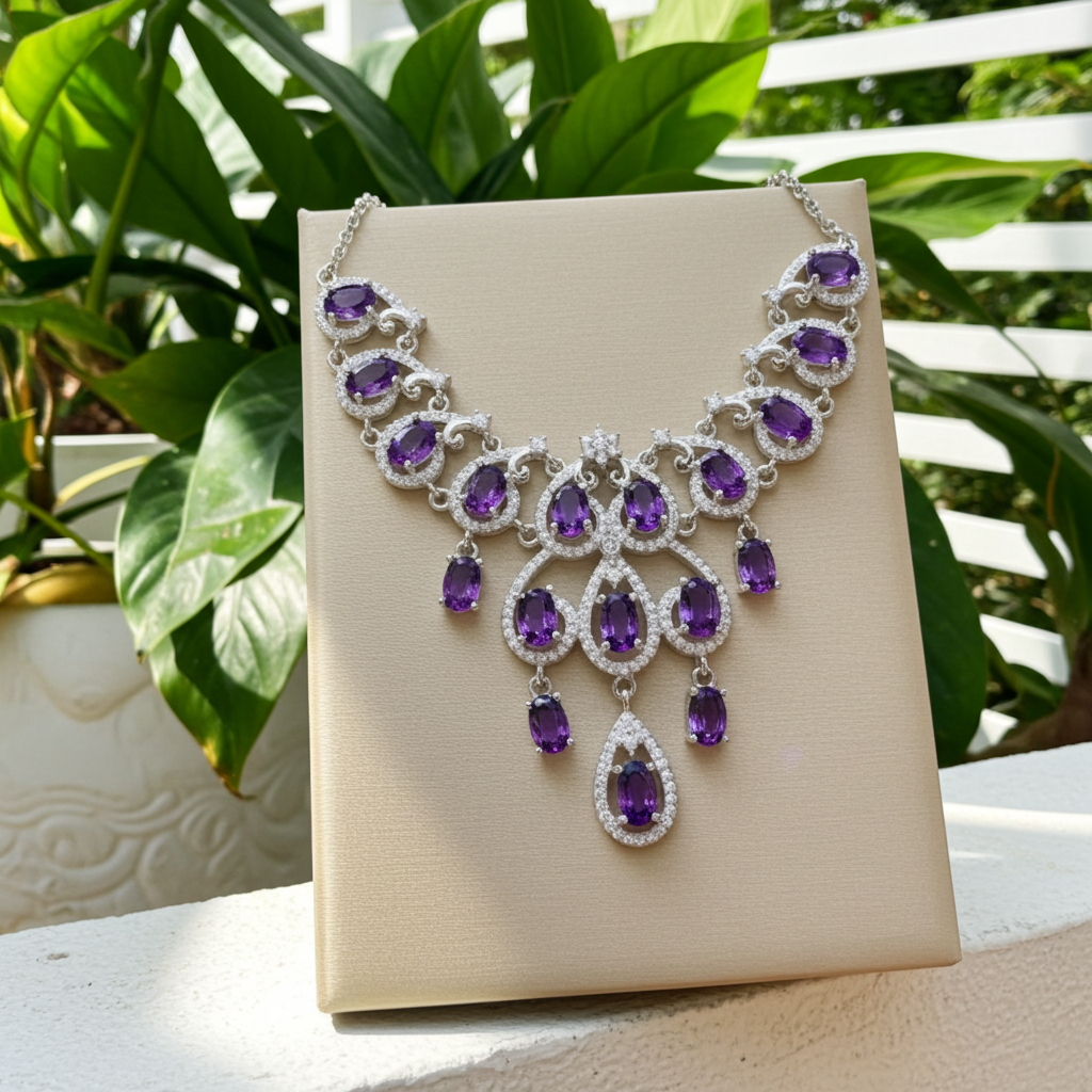 Natural Amethyst Gemstone Necklace 925 Sterling Silver