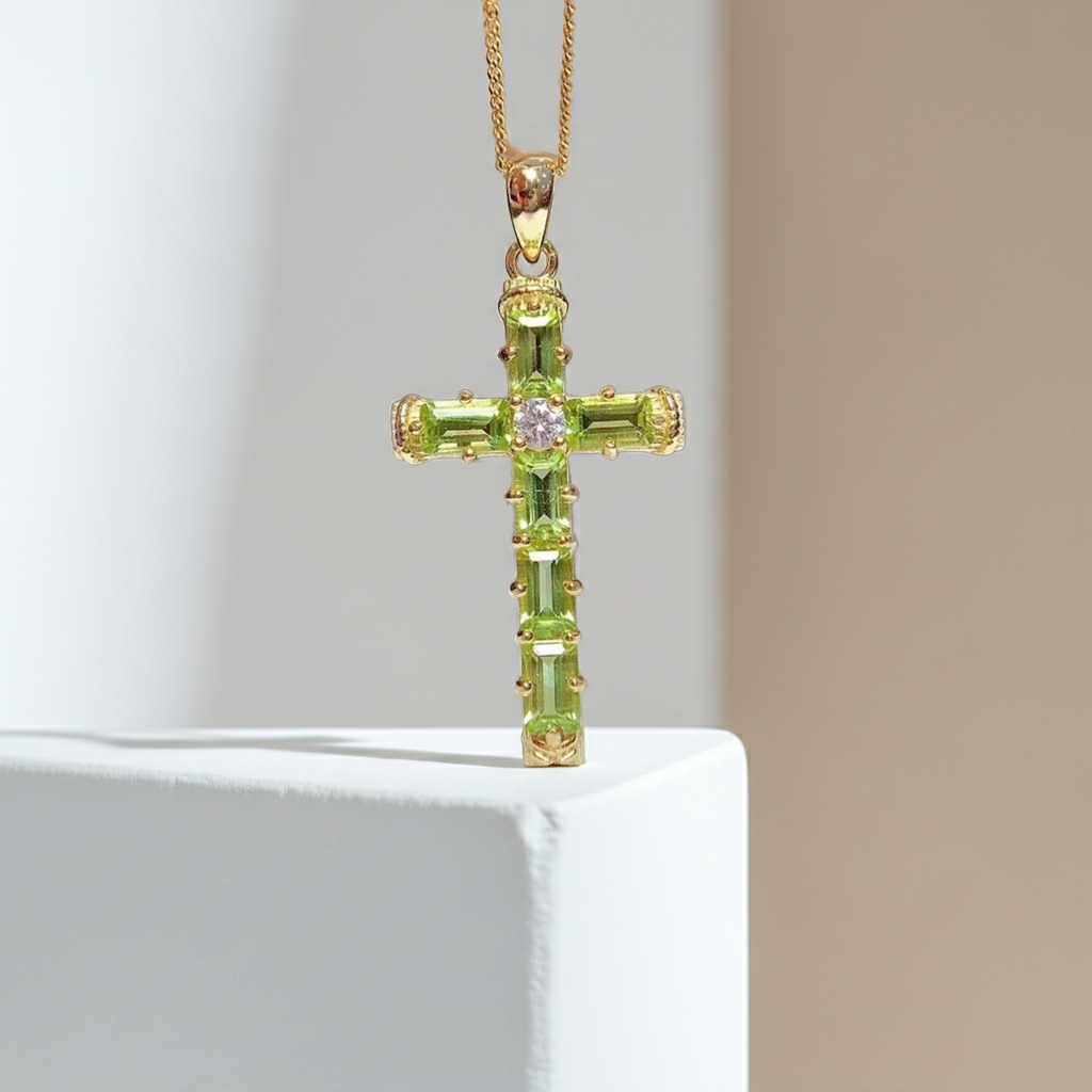 August Birthstone Peridot Gemstone Cross Necklace 3x5mm
