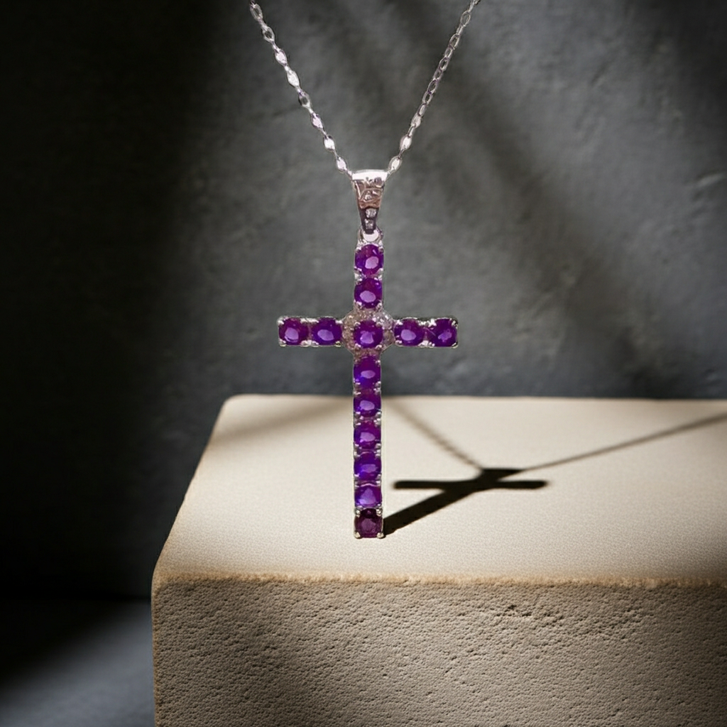 Natural Amethyst Cross Necklace 3mm 925 Sterling Silver